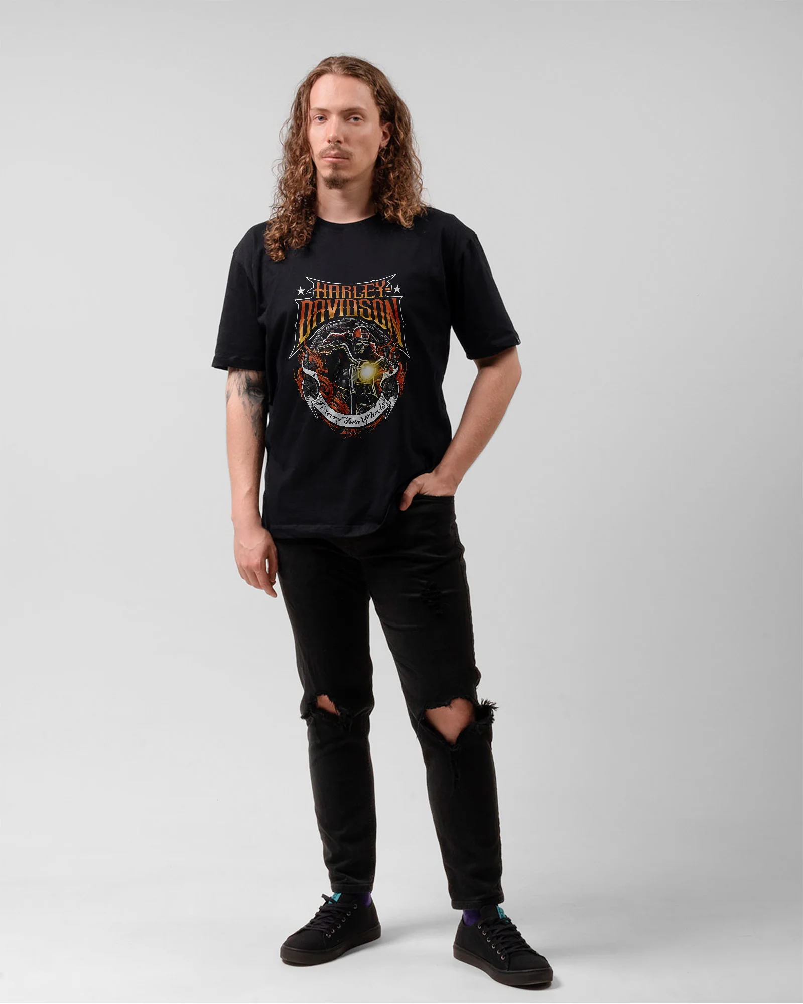 Camiseta Caveira Moto Forever Two Wheels Preta Estampada - Image 5