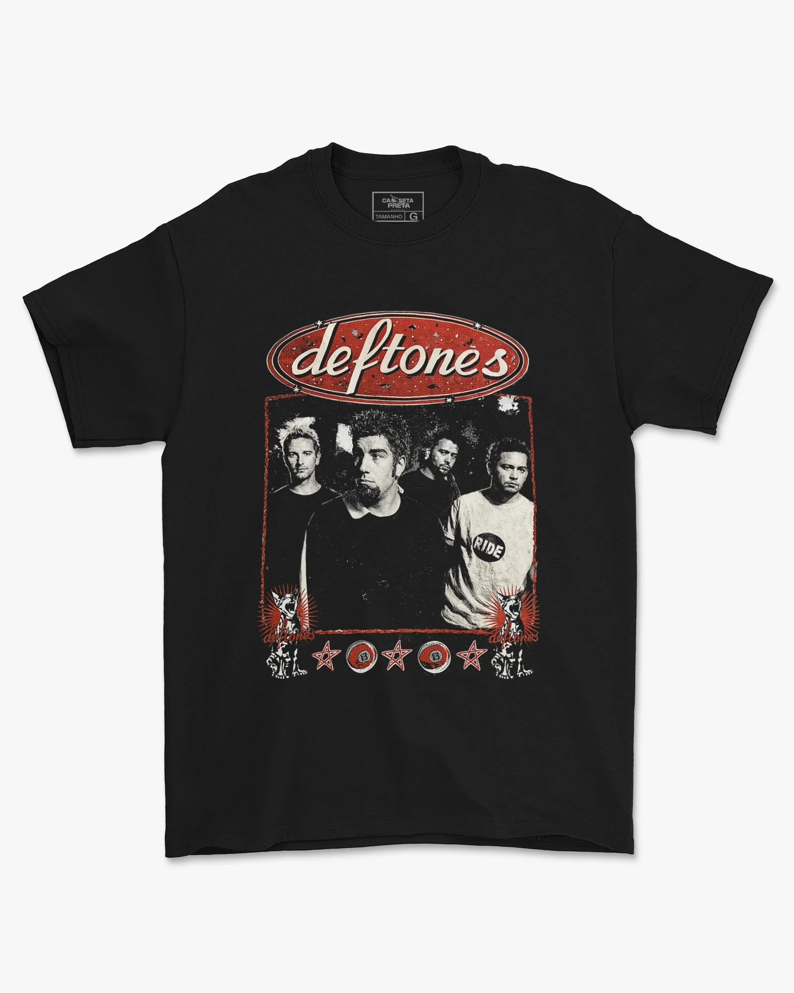 Camiseta Preta Deftones Integrantes Retrô Streetwear Unissex